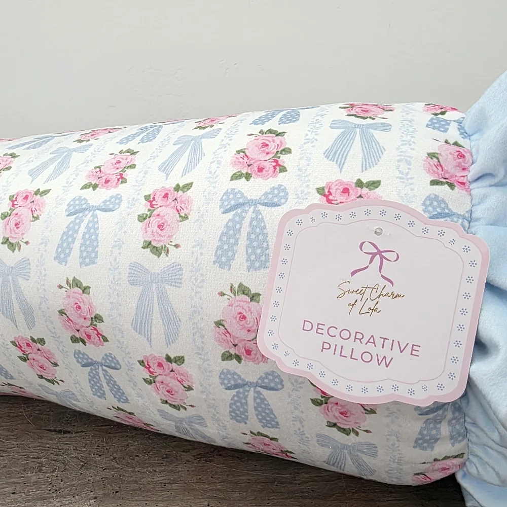 Beautiful Pink Floral Blue Bow Decorative Pillow